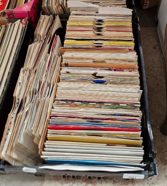 A box of soul, funk and disco 45s.