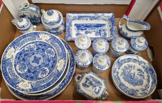 A box of Spode blue white wear including, teapot, plates, lidded jars, jugs, etc.
