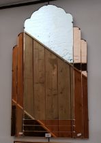 A 1930s Art Deco wall mirror with peach glass panels, 53.5cm x 92cm.