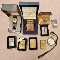 Items incl: a Silver Fusee Pocket watch Chester 1902/3 with key, a Rotary watch, Zippo lighters,etc.