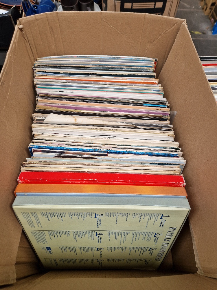 A box of vinyl LP records, pop, rock & dance including Blondie, Inner City, Wings, Chris Rea, Elvis,