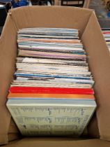 A box of vinyl LP records, pop, rock & dance including Blondie, Inner City, Wings, Chris Rea, Elvis,