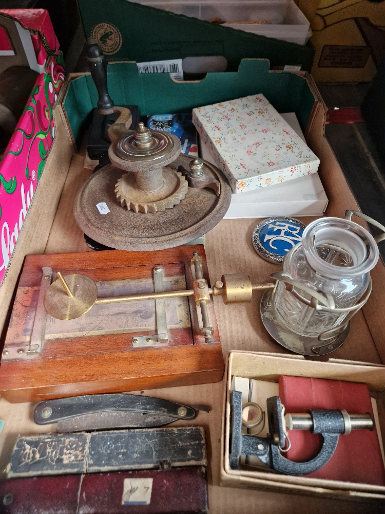 A box of collectables including scientific instruments etc.