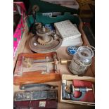 A box of collectables including scientific instruments etc.