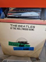 A box of rock & pop vinyl LP records including Madness, War of the Worlds, Thin Lizzie, Bad Manners,