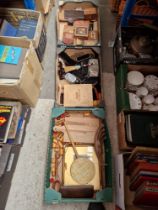 Three boxes of treen, wooden boxes, brushes, etc.