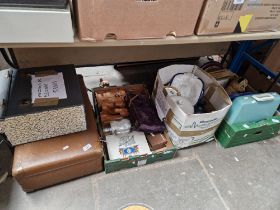 3 boxes and a suitcase of mixed items including typewriter, pottery, glassware, soft toys, treen,