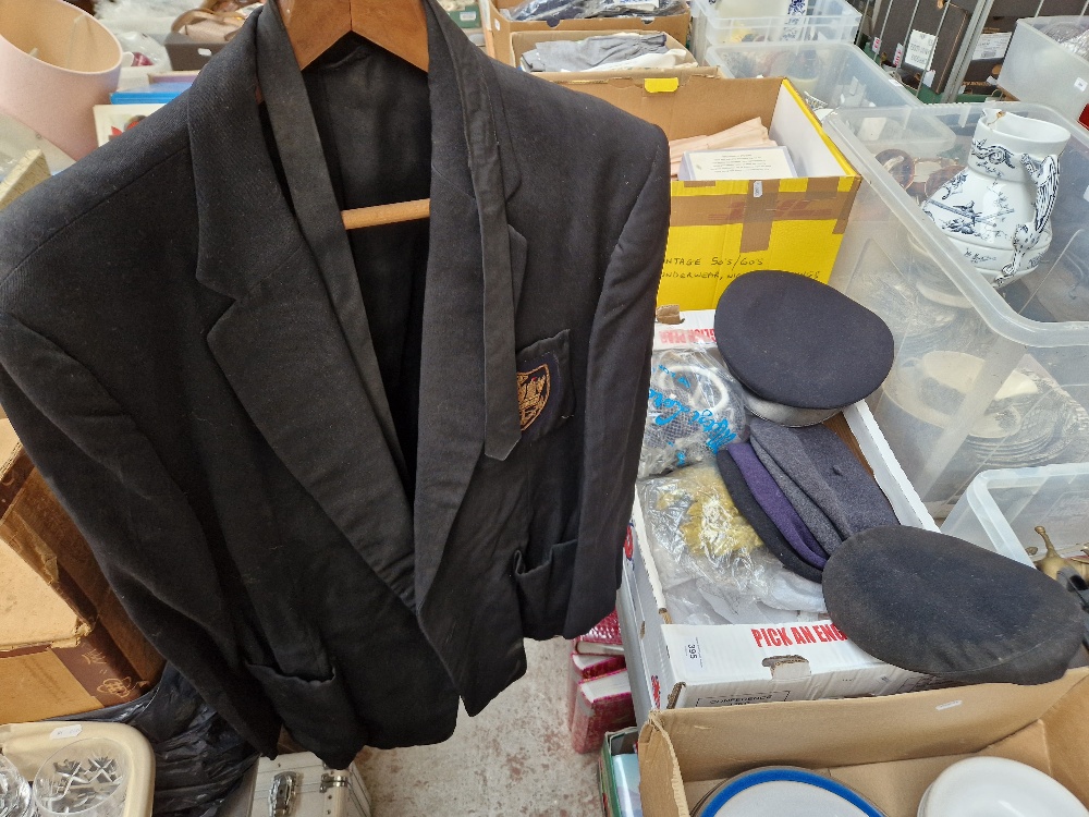 A box of vintage fashion comprising 1950s/60s hats, berets and shoes together with a Naval jacket