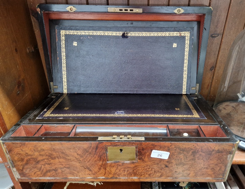 A 19th century burr walnut brass inlaid writing slope