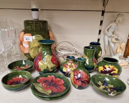 Large Moorcroft lamp base, six small Moorcroft vases and some small dishes