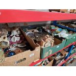 Three boxes of assorted ornaments and tea ware including mid 20th century, a Nadal bronze effect