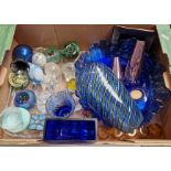 Blue and coloured glassware, paperweights etc.