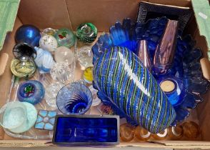 Blue and coloured glassware, paperweights etc.