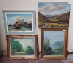 Four original works; Percy Hobley, landscape scene, oil on board (unframed), river scene with boats,