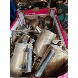 A box of vintage tools including blow lamps.