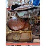A box of assorted collectables to include a vintage microscope, barometer, vintage flask & various
