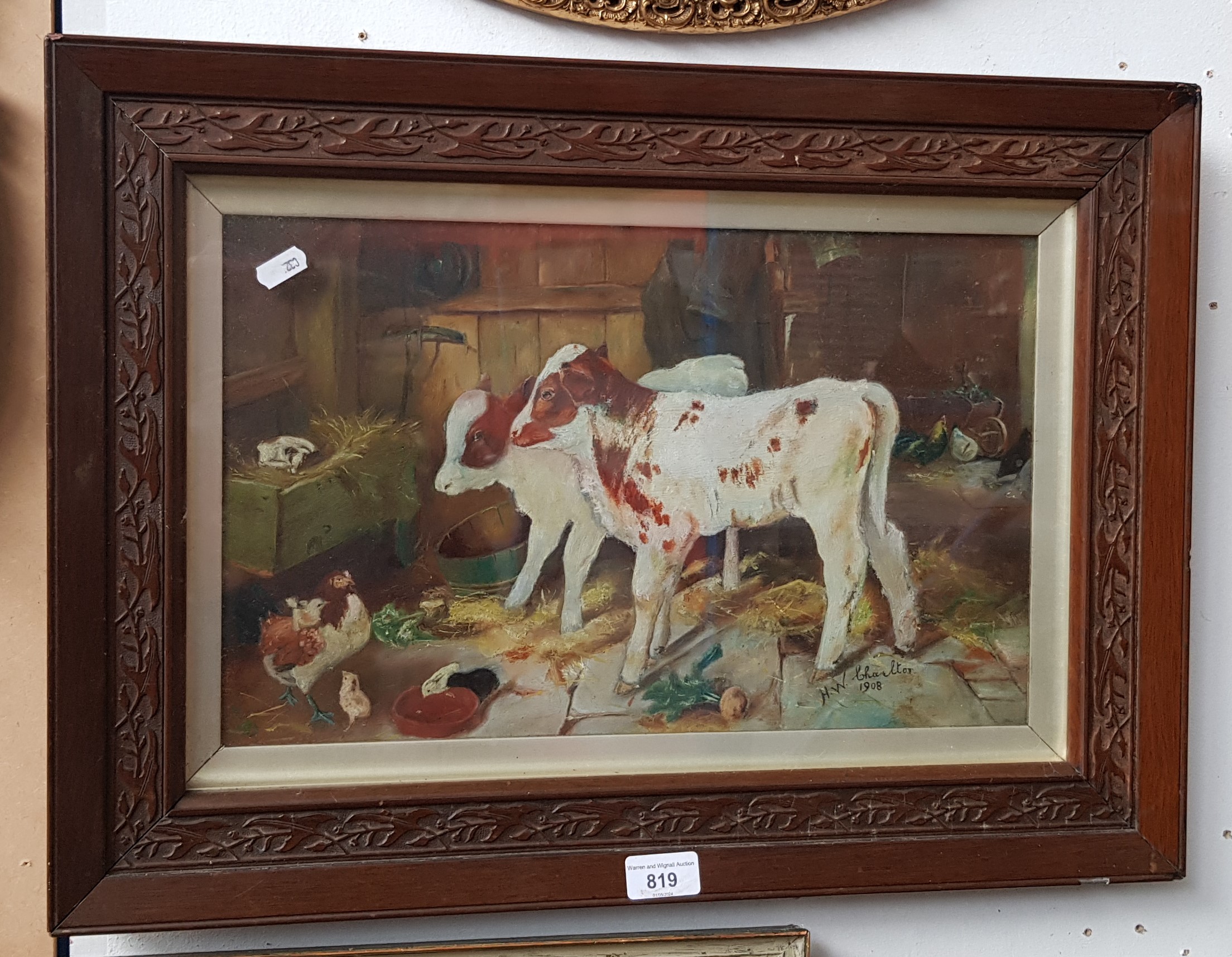 Early 20th century school, oil on board, calves and chickens, signed 'H W Charlton, 1908'.