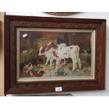 Early 20th century school, oil on board, calves and chickens, signed 'H W Charlton, 1908'.