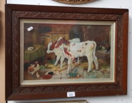 Early 20th century school, oil on board, calves and chickens, signed 'H W Charlton, 1908'.