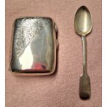 A hallmarked silver cigarette case and hallmarked silver spoon