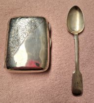 A hallmarked silver cigarette case and hallmarked silver spoon