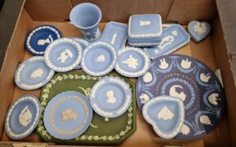 A box of mixed Wedgwood jasperware including three coloured plate and Year of the Dog pin dish.