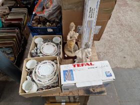 Two Naples style resin figures, a tea set and a marble rolling pin.