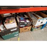 Seven boxes of mixed household items, ornaments, CD player, lamp, scales, glassware, etc.