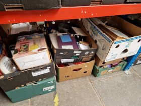 Seven boxes of mixed household items, ornaments, CD player, lamp, scales, glassware, etc.