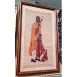 An African painting on fabric depicting a Masai man and child, signed 'P Njomjo' to lower right,