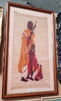 An African painting on fabric depicting a Masai man and child, signed 'P Njomjo' to lower right,