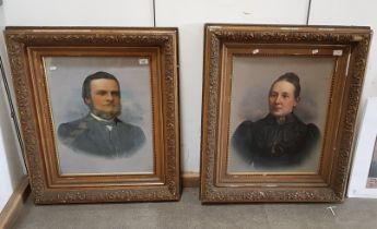 Pair of Edwardian overpainted photographs, portraits of a man and a woman, 43.5cm x 56cm (each),