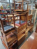 Various items of furniture; oak desk, teak side cabinet, maple dressing table, nest of tables,
