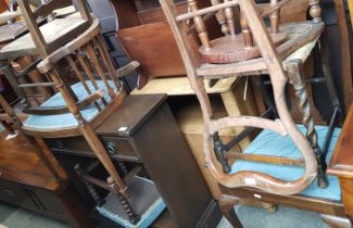 Various items of furniture including child's rocking chair, a oak bookcase, various chairs , a oak