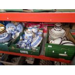 Two boxes of assorted blue and white pottery and a box of Royal Worcester Vitreous dinner wear.