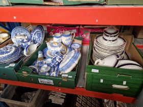 Two boxes of assorted blue and white pottery and a box of Royal Worcester Vitreous dinner wear.