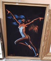 Painting on velvet, female nude, signed 'WAN' to lower left, framed, 57cm x 82.5cm (overall).