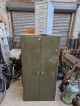 A large metal cabinet by Howden and a six drawer Bisley metal filing cabinet.