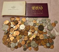 A box of assorted coins.