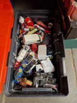 A box of playworn toy cars etc