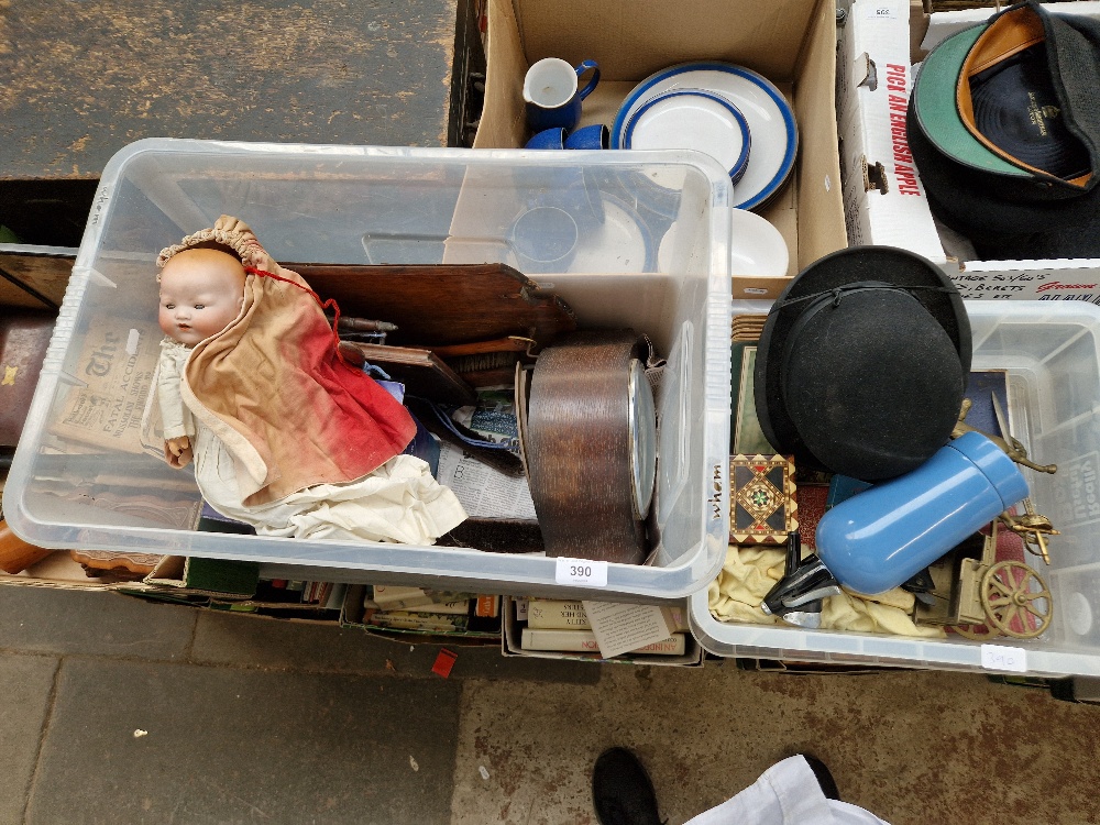 Two boxes of assorted items including a clock, a bowler hat, an Armand Marseille doll (AF) etc.