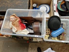 Two boxes of assorted items including a clock, a bowler hat, an Armand Marseille doll (AF) etc.