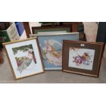 Five framed needlework pictures.