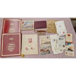 A box of assorted emphemera to include a Cunard R.M.S Queen Mary booklet, Jigsaw, 2 x antique maps