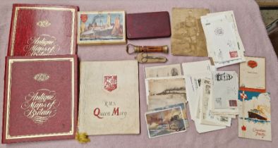 A box of assorted emphemera to include a Cunard R.M.S Queen Mary booklet, Jigsaw, 2 x antique maps
