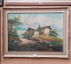 20th century school, oil on canvas, landscape scene, 69cm x 48.5cm, indistinctly signed, framed 84cm