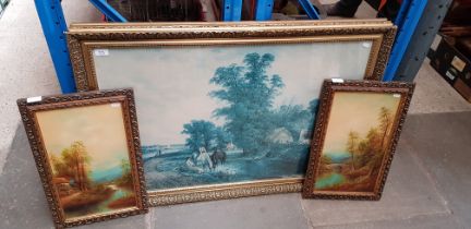 A pair of 20th century oil on board landscape scenes together with two framed prints.