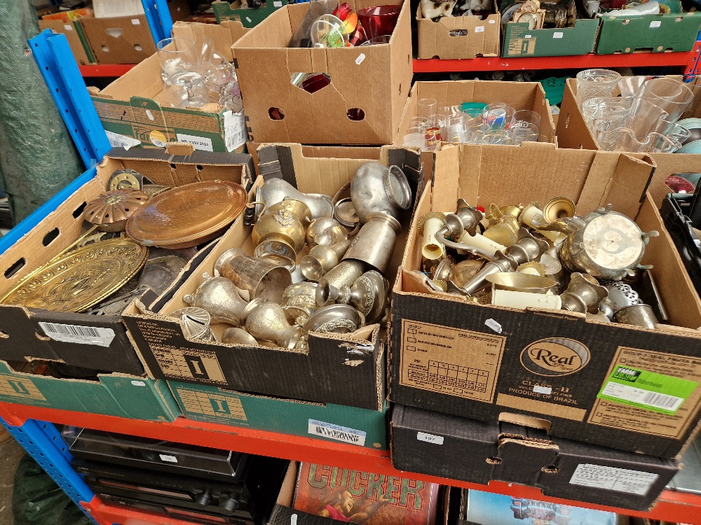 Six boxes of mixed metalware including copper and brass.