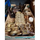 A box of assorted mainly brass ware including weights and a letter rack.