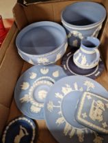 A box of Wedgwood jasperware including large planter and pedestal bowl.